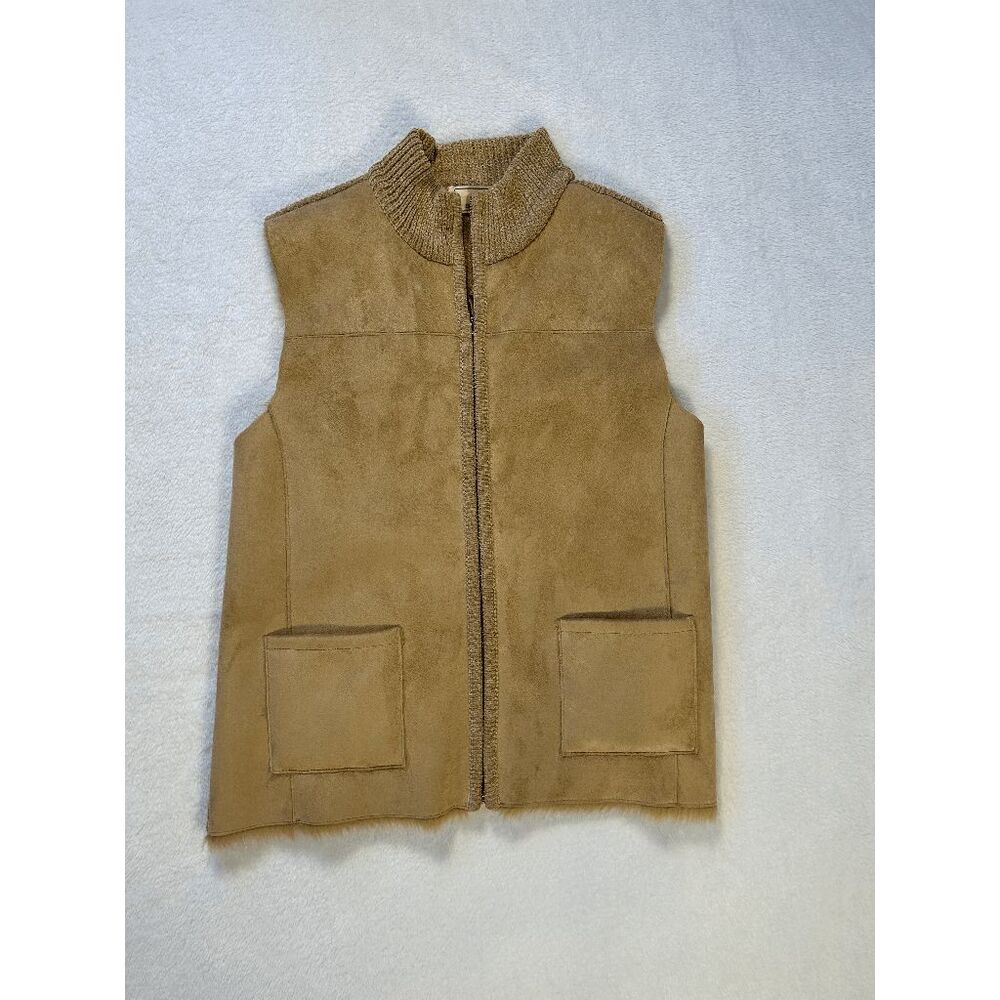 Lisa International Faux Fur Lined Tan Vest Size M, Zip Up, Suede Like, Knit
